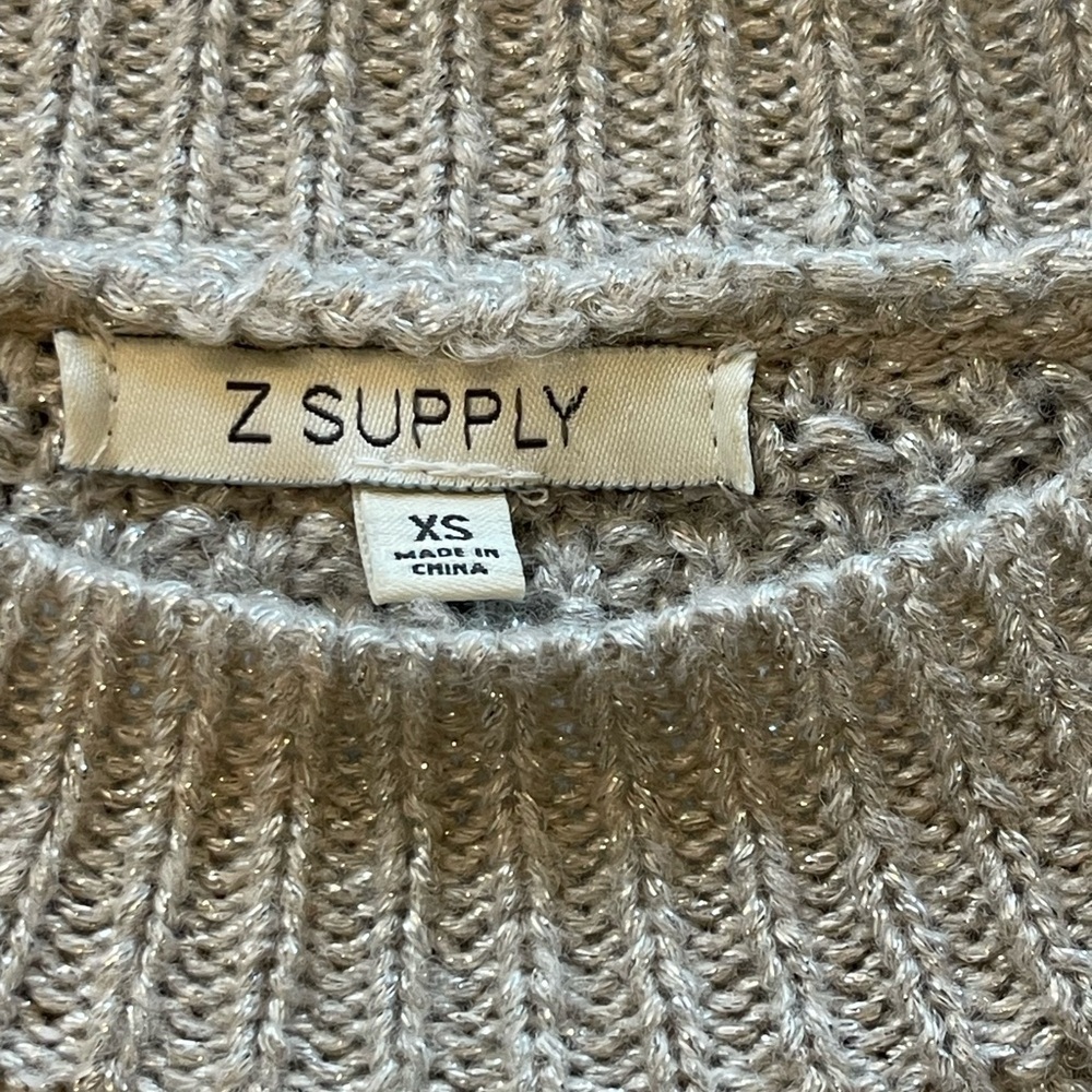 Z Supply Eternal Metallic Light Gray Cable Knit Sweater, Crew Neck, Holiday, XS - Picture 5 of 16